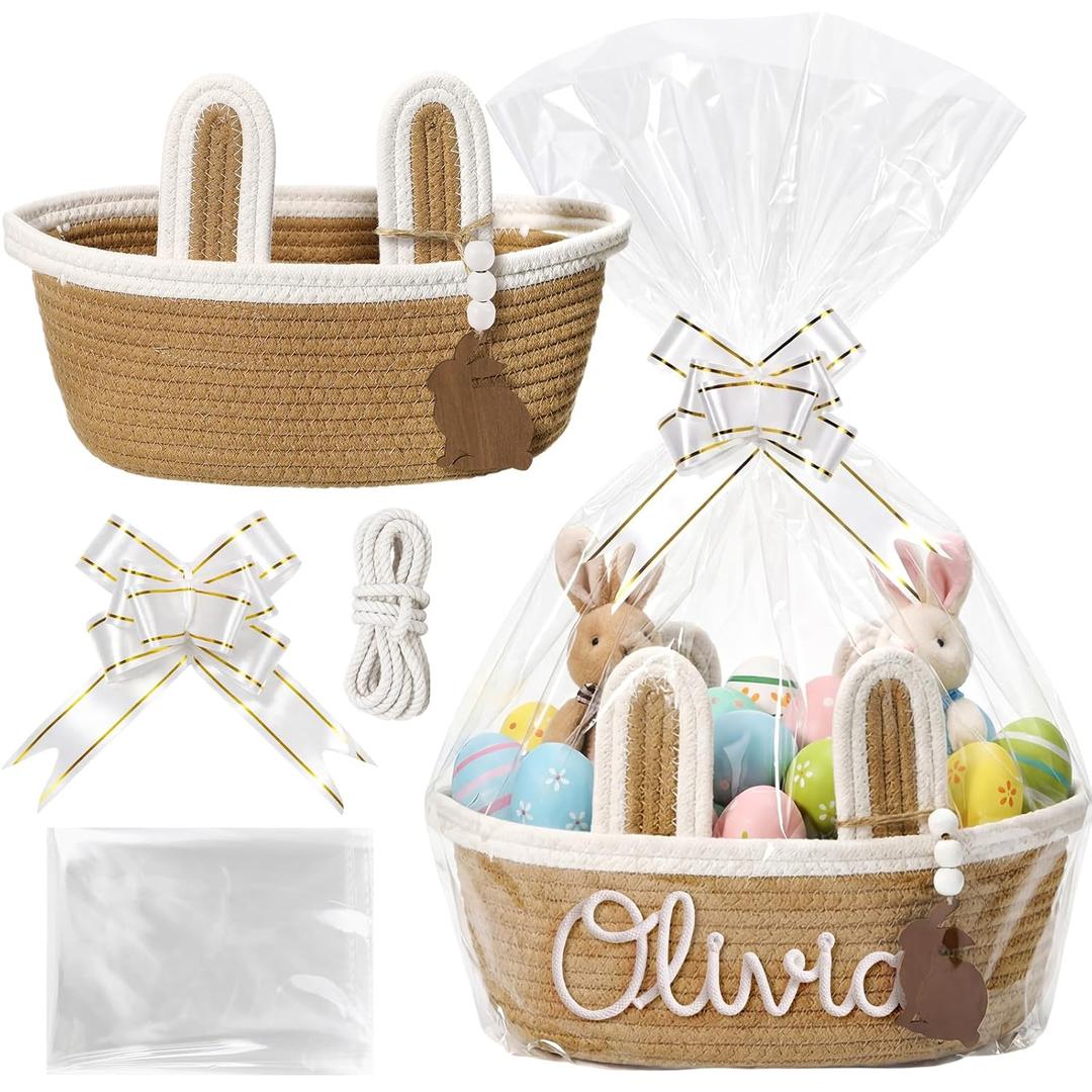 SiliFine Custom Easter Basket Personalized Easter Bunny Gift Basket with Name Rope Bow Ribbons and Gift Bag for DIY, Egg Hunt, Girls, Boys(Linen Yellow)