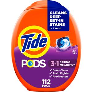 Tide PODS laundry detergent pacs, 3-in-1 Stain Remover, Odor Fighter, Color Protector, 112 Count, HE compatible, Spring Meadow Scent