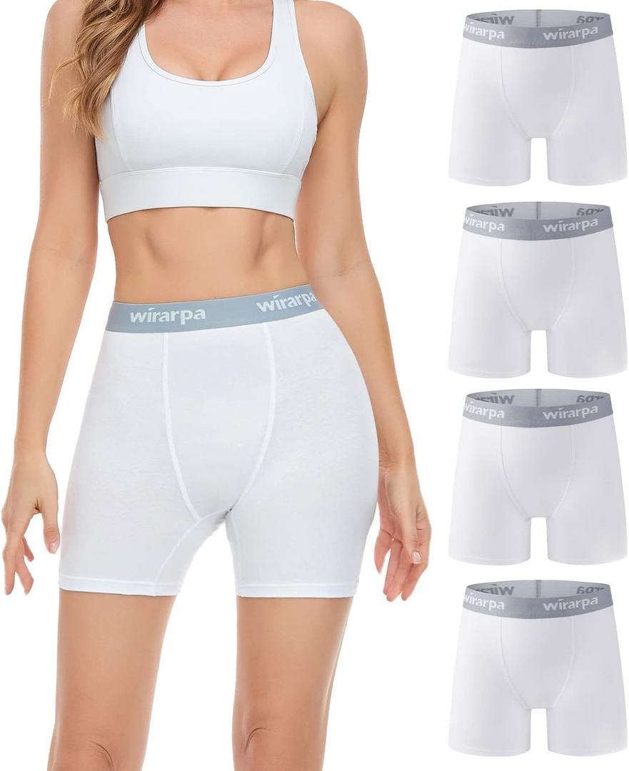 wirarpa Women's Boxer Briefs Cotton Underwear Anti Chafing Boy Shorts Panties 5.5" Inseam 4 Pack (Large, White)