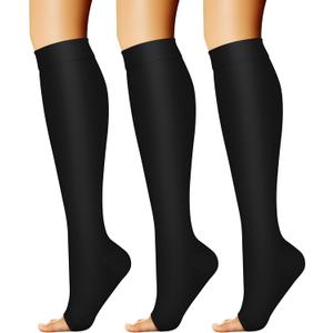 CHARMKING 3 Pairs Open Toe Compression Socks for Women & Men Circulation 15-20 mmHg is Best Support for All Day Wear (Large-X-Large, 01 Balck/Black/Black)