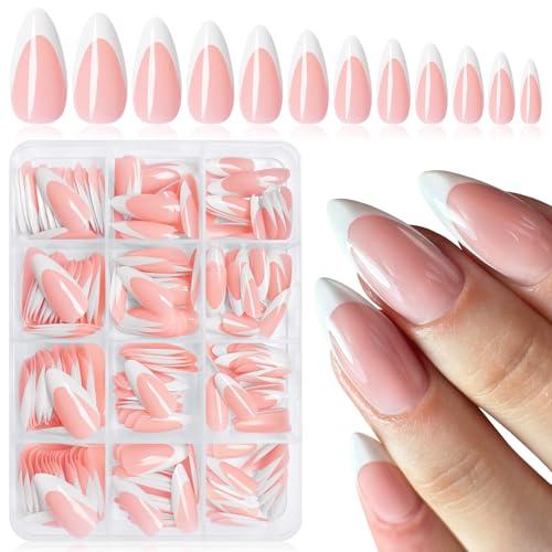 Bellelfin 240Pcs French Tip Press on Nails Medium Fake Nails Almond Nails Press ons White French Tip Glue on Nails Nude Acrylic Nails for Women Girls Artificial Fingernails