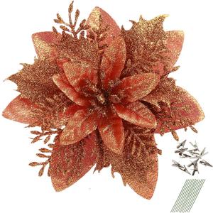 GREENTIME 12 Pcs Glitter Poinsettia 5.5" Artificial Flowers Christmas with Clips Stems Xmas Tree Ornaments for New Year Party Stairs Fireplace Porch Balcony Garden Church Wreath Decoration (Brown)