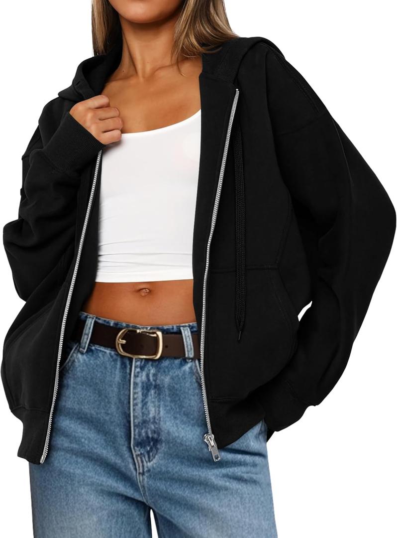 MASCOMODA Women Zip Up Hoodie Trendy Oversized Sweatshirt Casual Long Sleeve Fleece Jacket Fall Outfits Fashion Clothing (Black)
