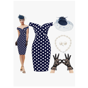 JenPen 5 Pcs Women's Vintage Polka Dot Dress Retro Pencil Dress Floral Spring Costume for Derby Tea Party Cocktail, Size:XL