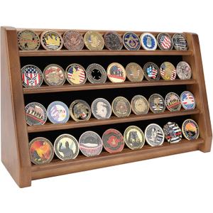 ASmileIndeep 4 Rows Military Challenge Coin Holder Display Holds 32 Coins, Solid Wood Army Coin Rack Display Case Stand for Wall Mount or Tabletop, Walnut