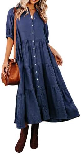R.Vivimos Women's Summer Cotton Half Sleeves Button Down Casual Loose Slit Midi Dress with Pockets, Medium