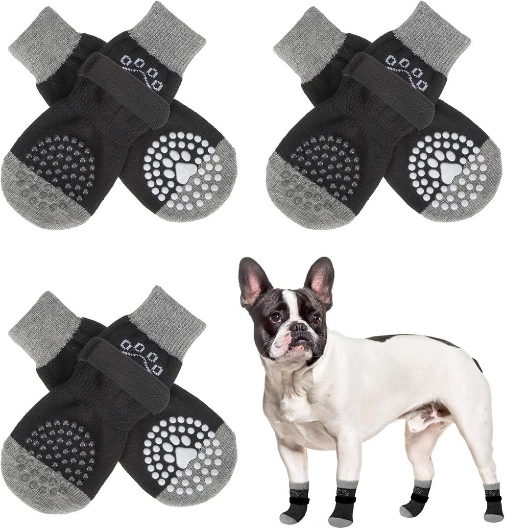 SCENEREAL 6Pcs Anti Slip Dog Socks to Prevent Licking Paws for Hot/Cold Pavement, Dog Grippy Socks for Hardwood Floors, Dog Shoes for Boots & Paw Protectors for Puppy Senior Dogs S(Pack of 4+2), Black Pearl Paw)