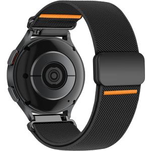 Magnetic Elastic Bands for Samsung Galaxy Watch 7/6/5/4/FE 40mm 44mm/Galaxy Watch 6 Classic 43 47mm/5 Pro 45mm/4 Classic 42 46mm/Active 2, 20mm Wristband Stretchy Nylon Sport Strap Men Women (02-Black Orange Line)