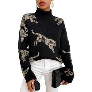 WDIRARA Women's Leopard Tiger Print Sweater High Neck Long Sleeve Fuzzy Knitted Pullover Top, XL
