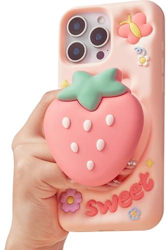 TUFTA Cute 3D Strawberry Pop-Up Stand and Grip Phone Case for iPhone 14 Pro Max, Kawaii Girly Silicone Fruit Cover for Girls and Women, Pink