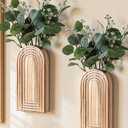 DREAMLOOM 2 Pack Wooden Wall Vases with Fake Plants, Wall Hanging Planters Boho Modern Farmhouse Indoor for Narrow Spaces Entryway Bathroom Home Office Decoration, Brown