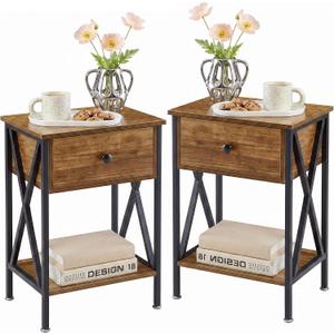 VECELO Nightstands Set of 2, Modern Bedside End Tables, Night Stands with Drawer and Storage Shelf for Living Room Bedroom, Industrial Metal Frame
