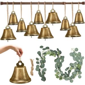 Knitgrip 10 Pcs Christmas Bell for Decoration Big Brass Bells 4 and 3 Rustic Cow Bells with Eucalyptus Garland LED Light Retractable Pole for DIY Window Fireplace Home Wall Decor
