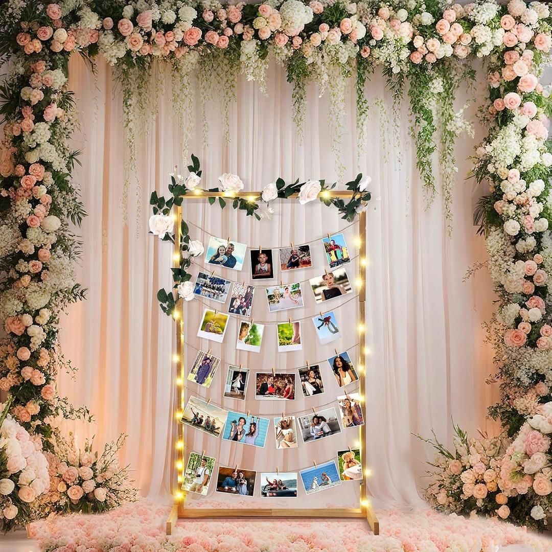 47 Inch Picture Board for Photos Wood Picture Collage Frames Wooden Free Standing Photo Collage Board with 30 Clip for Wedding Bridal Shower Photo Artwork Postcard Greeting Card Organizer