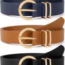 VONMELLI 3 Pack Women's Leather Belts for Jeans Dresses Ladies Waist Belt with Fashion Gold Buckle (E-black+brown+dark Blue)
