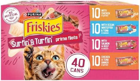 Purina Friskies Gravy Wet Cat Food Variety Pack, Surfin’ and Turfin’ Prime Filets Favorites - (Pack of 40) 5.5 oz. Cans, Best Before: JUL/2027