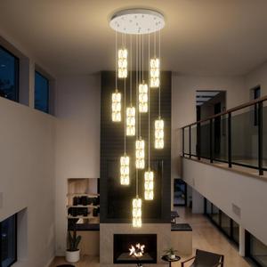 ykolupty Long Staircase Crystal Pendant Chandeliers 10-Lights Silver Column Crystal Chandeliers Foyer Entrance High Ceiling Hanging Chandelier 2700-6000k Dimmable Fixtures LED Big Chandeliers