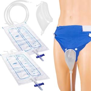 Wearable Urine Collector Set for Men with Breathable Cotton Pants Reusable Silicone Urine Catcher 2 Urine Bags 2000ml and 1000ml Adjustable Belt for Daily and Travel Use, Elderly Men Blue
