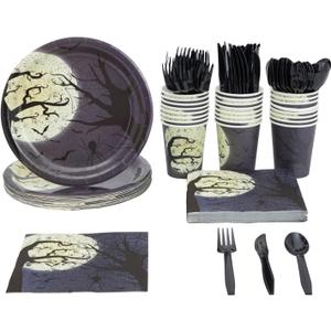 BLUE PANDA 144 Piece Halloween Dinnerware Set, Full Moon Night Sky Halloween Party Plates and Cups and Napkins Set for Spooky Gatherings and Witch Theme Parties (Serves 24) - Plate