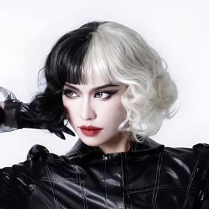 Akkya Black White Bob Wig with Bangs for Cruella Deville Short Wavy Colored Synthetic Hair for Women Party Costume(12inch,Black White)