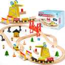 60PCS Wooden Train Set - Toy Magnetic Trains with Wooden Track Set for Kids Ages 3-8, Construction Crane Railway Set, Perfect Christmas Birthday Gift for Grandkids Toddlers Boys Girls