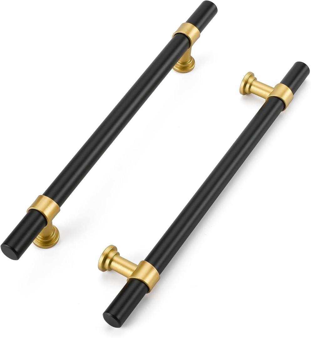 Haliwu 10 Pack 6-1/4 inch Hole Center Black Cabinet Pulls Black&Gold Cabinet Handles, Barrel Gold Dresser Drawer Pulls for Kitchen Hardware