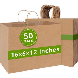 Johuivo Brown Paper Bags with Handles, 50 Pcs Brown Shopping Paper Bags, Recyclable Kraft Gift Bag and Retail Bag for Small Business, Grocery, Party Favors, 16x6x12 Inches