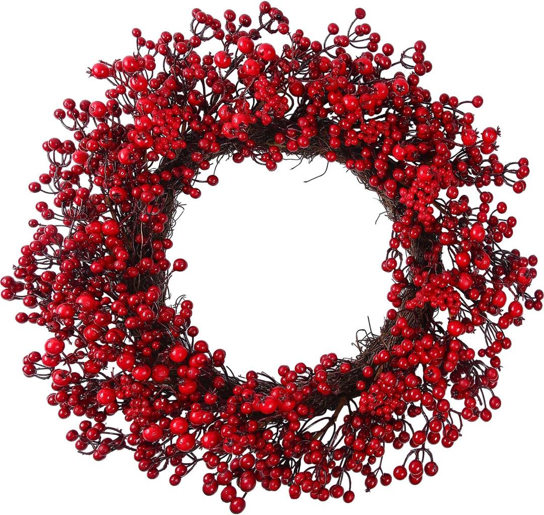 22" Red Berry Christmas Wreaths for Front Door, Outdoor Xmas Cranberry Wreath, Holly Wreath Winter Holiday Door Reef Decor for Farmhouse Front Porch Wall Window