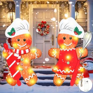2 Pcs Christmas Decorations Outdoor Large Chef Gingerbread Metal Yard Stakes with LED String Lights Cooking Gingerbread Man Yard Sign for Xmas Lawn Garden Front Door (Classic, Red)