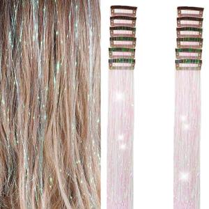 Hair Tinsel 12 Pcs Clip in Hair Tinsel Kit for Girls 22 Inch Glitter Fairy Tinsel Hair Extensions Colorful Heat Resistant Party Festival Accessories for Women Kids (Glare White)