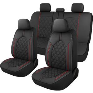 CAROMOP Luxury PU Leather Car Seat Covers Full Set-Waterproof Seat Protectors with Split Bench Seat Covers for Cars-Universal Cars Interior Covers for Sedans, SUVs, Pick-up Trucks (Black/Red Line)