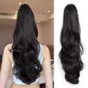 Clip On Ponytail Extension for Women 24'' Fluffy Layered Wavy Fake Ponytail with Claw Clip Hairpiece Heat Resistant Synthetic Hair Extensions Wedding Party Daily Use(Natural Black, 7.5OZ)