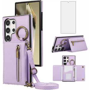 Asuwish Compatible with Samsung Galaxy S24 Ultra 5G Wallet Case with Screen Protector and Crossbody Shoulder Strap Buckle Card Holder Cell Phone Cover for S24Ultra 24S S 24 24Ultra Women Purple