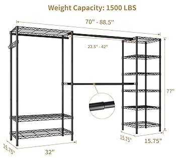 Expandable Heavy Duty Garment Rack Clothes Rack,Large Metal Closet Organizer System Storage Wardrobe,Freestanding Clothing Rack with 9 Adjustable Wire Shelves&3 Hang Rods,MaxLoad 1500lbs