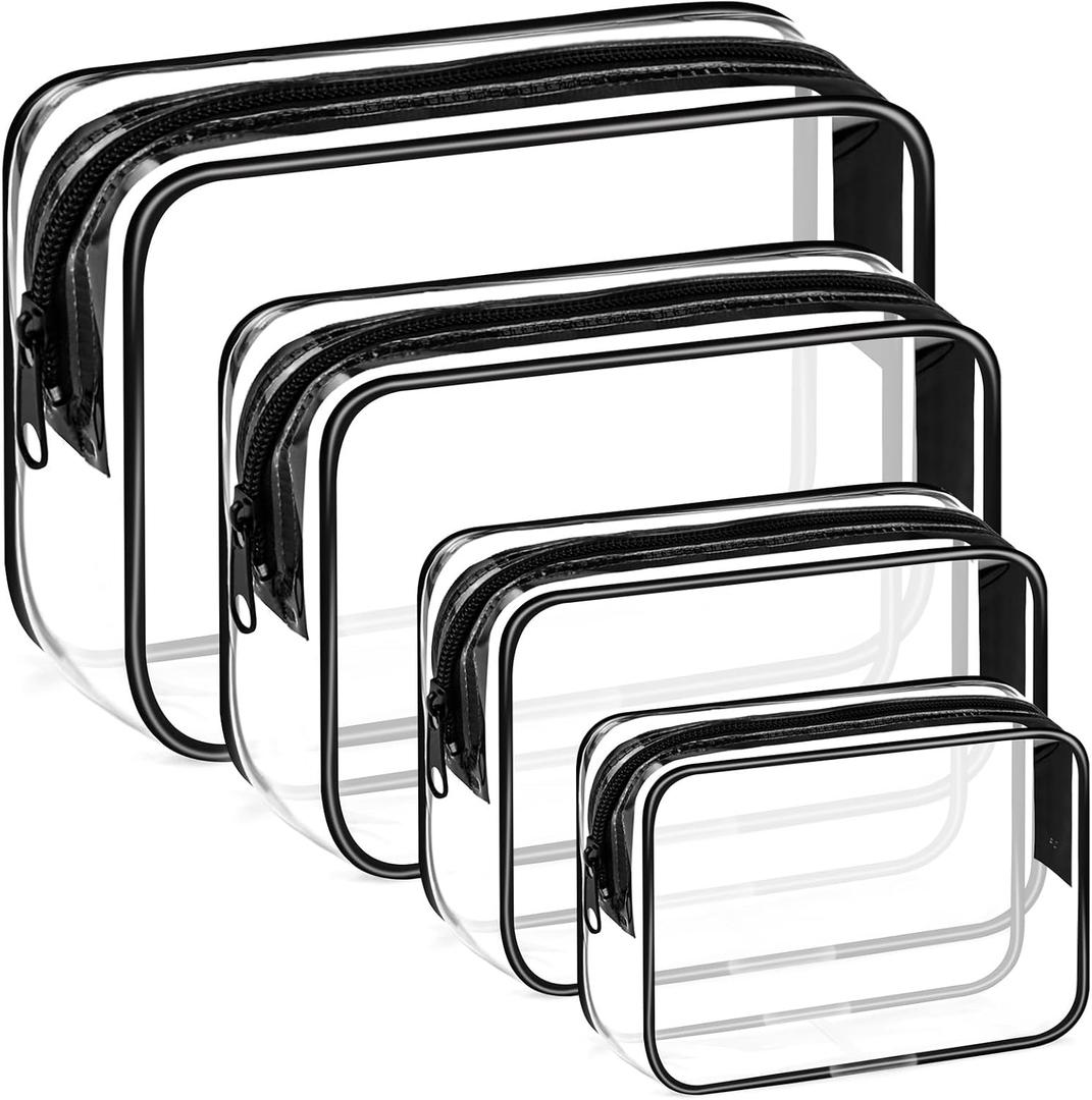 4 Pieces Clear Cosmetic Bags Bulk TSA Approved Toiletry Bag for Travel PVC Waterproof Clear Makeup Pouch with Zipper for Men and Women Carry-on Travel Essentials (Multisize, Black)