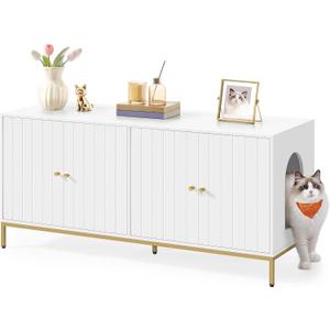 Feandrea Double Cat Litter Box Enclosure, Hidden Litter Box Furniture with Double Room, for 2 Cats, Modern Style, 47.2" Pet House Washroom Cabinet, Side End Table, TV Stand, White and Gold