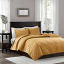 Madison Park Harper Quilt Set Velvet Casual Geometric Stitching Design All Season, Lightweight Coverlet, Cozy Bedding, Matching Shams, King/Cal King(104"x94"), Mustard 3 Piece
