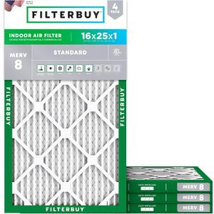 Filterbuy 16x25x1 Air Filter MERV 8 Essential Dust & Allergy Defense (4-Pack), Electrostatic Pleated HVAC AC Furnace Filters Replacement (Actual Size: 15.50 x 24.50 x 0.75)