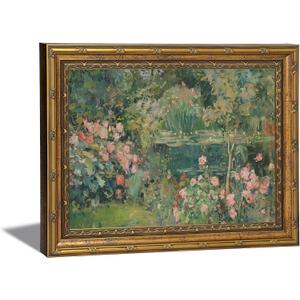 Gold Framed Canvas Wall Art Vintage Impressionist Rose Garden Pond Picture Wall Decor Rustic Farmhouse Floral Print Paintings Ideal for Living Room Bedroom Thoughtful gift and Home Decor 16x24 in