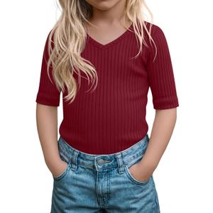 Toddler Girls Ribbed V Neck Tee | Soft Cotton Fabric, Ribbed Texture, Slim Cut, Elbow Length Sleeves, Summer Daycare And Play
