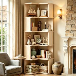 Tall Corner Bookshelf, 6 Tier Corner Book Shelf Etagere Bookcase with Baffle, Freestanding L Shaped Display Shelf Stand for Home Office, Living Room, Bedroom, Brown