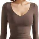 SUUKSESS Women Double Lined Casual V Neck Crop Tank Tops Basic Long Sleeve Shirts (X-Small, 05 Brown)