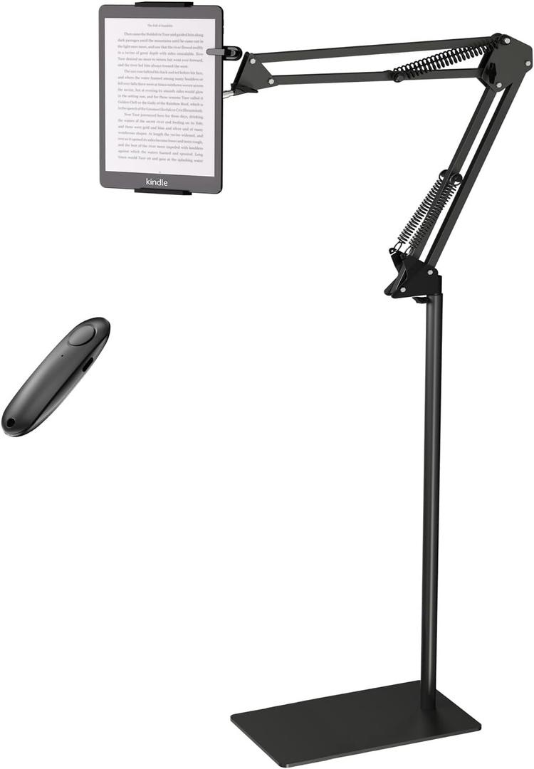 Floor Kindle Stand Holder with Remote Page Turner, Bed Holder with Clicker for Reading, Kindle Accessories for 4.7-11.9 inch Devices (Black)