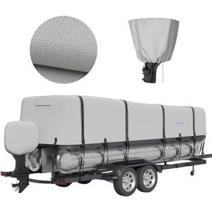 Heavy Duty 1200D Solution-Dyed Trailerable&Mooring Boat Cover with 16-18 Windproof Straps,Waterproof Tear-Resistant Boat Cover with Motor Cover (Gray, Length:21'-24' Beam Width: up to 102")