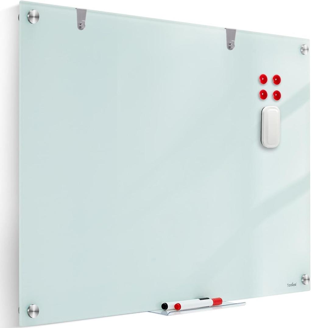 Glass Whiteboard Dry Erase Board - TANKEE Magnetic Glass White Board 36 x 24 Inches, Modern Large Frameless White Board for Wall, Office, Home, School, with Marker Tray, 3' x 2'