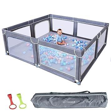 Todale 70”×59” Baby Playpen - Safe Infant & Toddler Gate for Crib - Portable Floor Yard with Anti-Slip Base and Breathable Mesh in Gray - Playpen for Babies and Toddlers, Gray