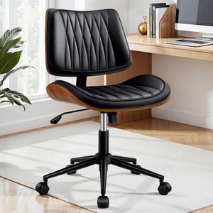 Ergonomic Armless Office Desk Chair - Mid-Century Modern Black Faux Leather with Diamond Stitch, Adjustable Height Swivel Rolling Task Computer Chair with Walnut Accent for Home Office, Study & Work, 23.2 inches x 23.2 inches x 37 inches