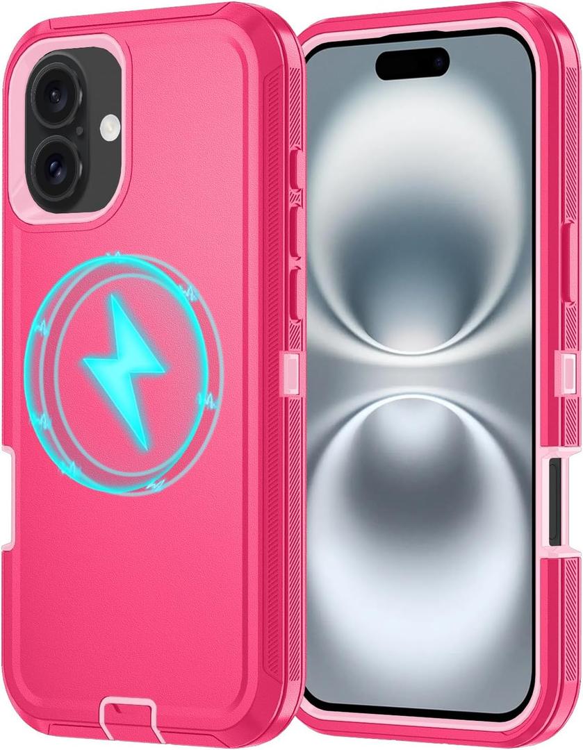 for iPhone 16 Case [Compatible with MagSafe], Heavy Duty Shockproof 3-Layer Full-Body Protection Rugged Cover, Drop-Resistant and Wireless Charging Friendly (Pink, iPhone 16)