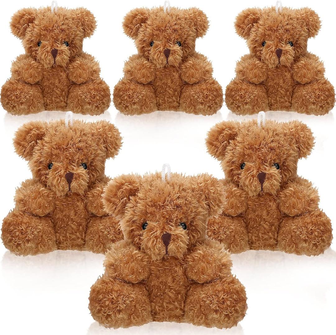 Aoriher 6 Pieces Mini Bear Plush Stuffed 4 Inch Small Bear Bulk Animal Toys for Baby Shower Party Favors Tiny Soft Doll Gifts for Graduation Keychain Bag Charm Supplies(Brown)