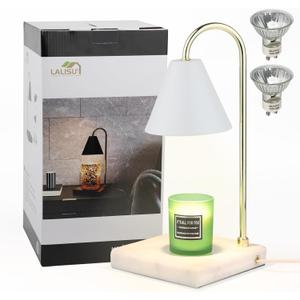 Candle Warmer Lamp, Electric Candle Lamp Warmer with Dimmer, Bedroom Home Decor Marble Base Dimmable Vintage Wax Melt Warmer for Scented Wax with 2 * 50W Bulbs (White-01) (White + Gold Pole)